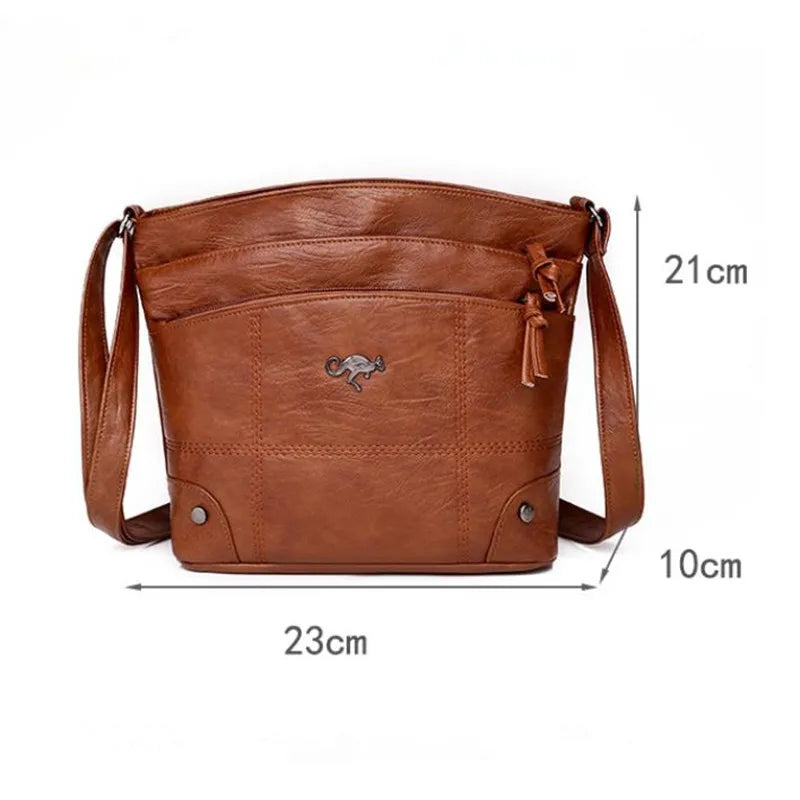 Soft Washed Leather Crossbody Bag – Retro Multi-Pocket Shoulder Messenger
