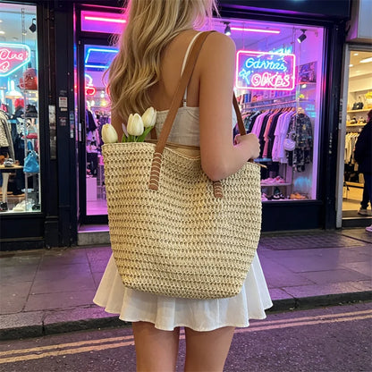 Straw Tote Bag with Leather Handles – Women's Beach Bag