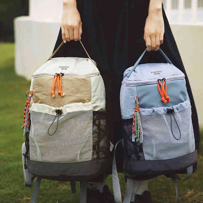 Color Block Nylon Backpack Mesh Pocket Orange Drawstring Adjustable Straps Student School Outdoor
