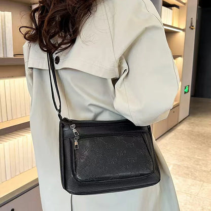 Business Unisex Solid Shoulder Bag Pu Bow Embossed Multi Pocket Storage Adjustable Strap Function
