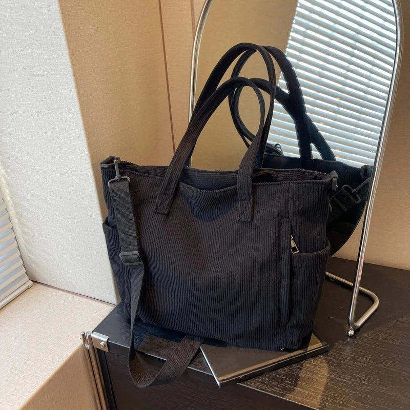 Women Corduroy Tote Bag Casual Multi Pocket Handbag Adjustable Strap Crossbody Sling Bag Zipper Shoulder Bag Fall Winter Bag