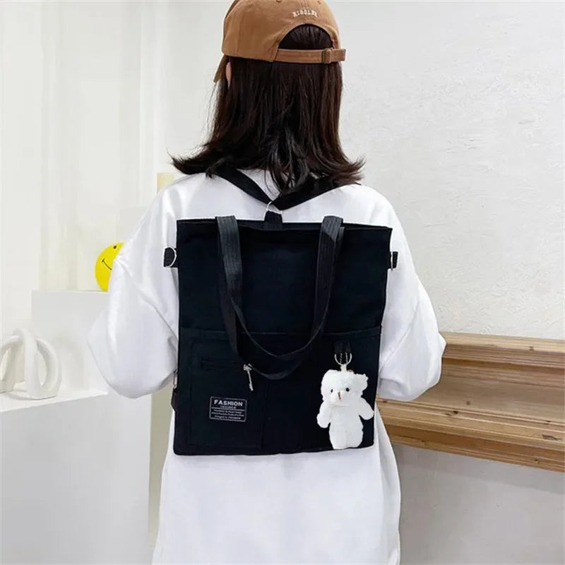 Cute Canvas Tote Bag Bear Pendant Stylish Bucket Crossbody Bag