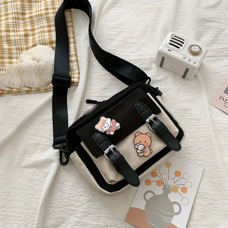 Girl S Nylon Shoulder Bag Badge Harajuku Shoulder Bag Casual Square Cute Messenger Bag Women Travel
