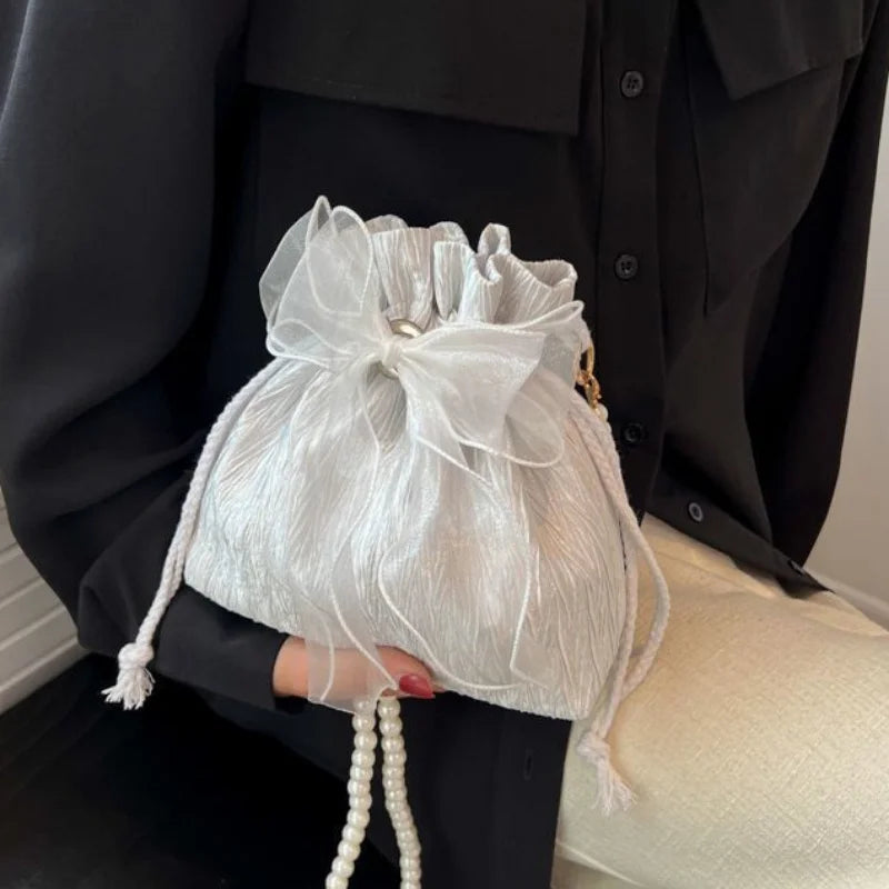 Canvas Crossbody Bag with Bowknot & Faux Pearl Chain