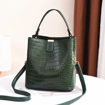 Crocodile Leather Bucket Bag – Large Capacity Shoulder & Crossbody Tote