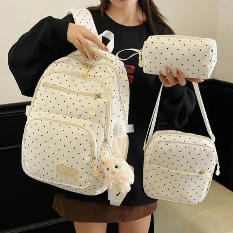 Nylon Polka Dot Backpack Set Stationery Storage Multi Compartment Girls Zipper Closure Student Gifts