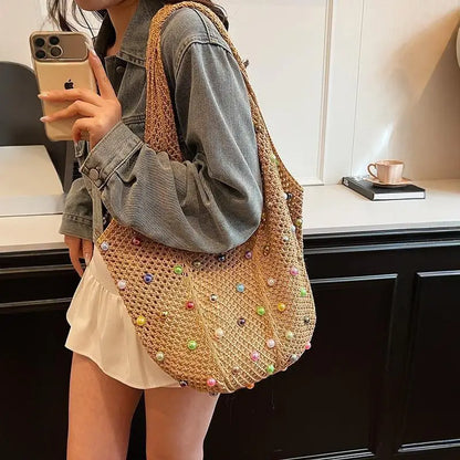 Beaded Crochet Tote Bag – Large Capacity Knit Mesh Shoulder Bag