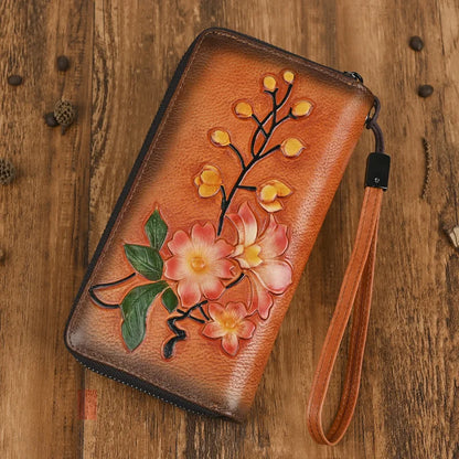 Vegetable-Tanned Leather Genuine Ladies Wallet Double Zipper