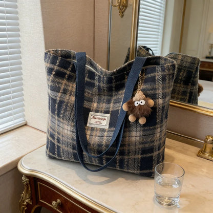 Plaid Wool Tote Bag – Soft Shoulder Handbag with Pendant