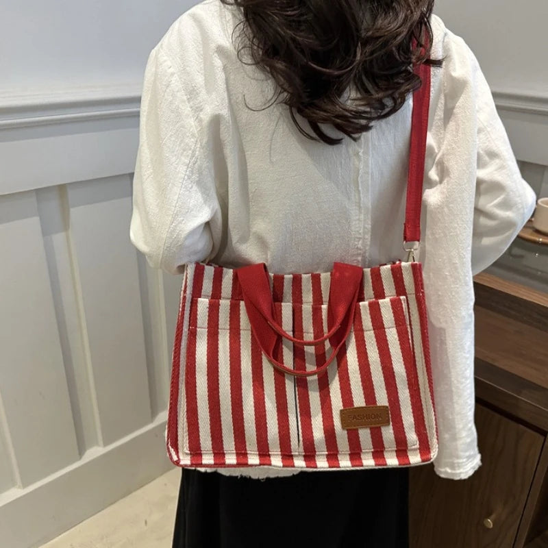 Striped Canvas Tote Bag – Lightweight Shoulder Bag for Work & Daily Use