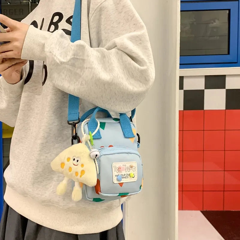 Cute Plush Charm Mini Crossbody Bag Two Tone Canvas Shoulder Purse Adjustable Strap Cartoon Handbag