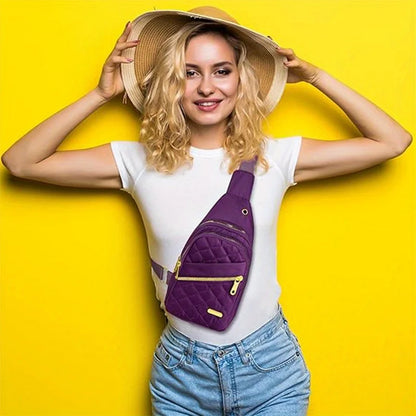 Quilted Sling Bag with Gold Zipper – Multi-Pocket Crossbody