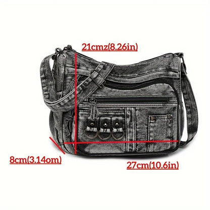 Denim Shoulder Bag for Women – Vintage Washed Multi-Pocket Crossbody