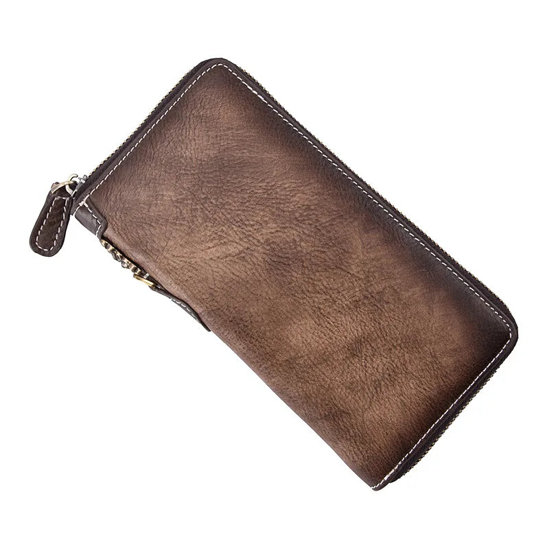 Vintage Men S Wallet Long Zipper Genuine Leather Hand-Held Multi-Functional Cowhide