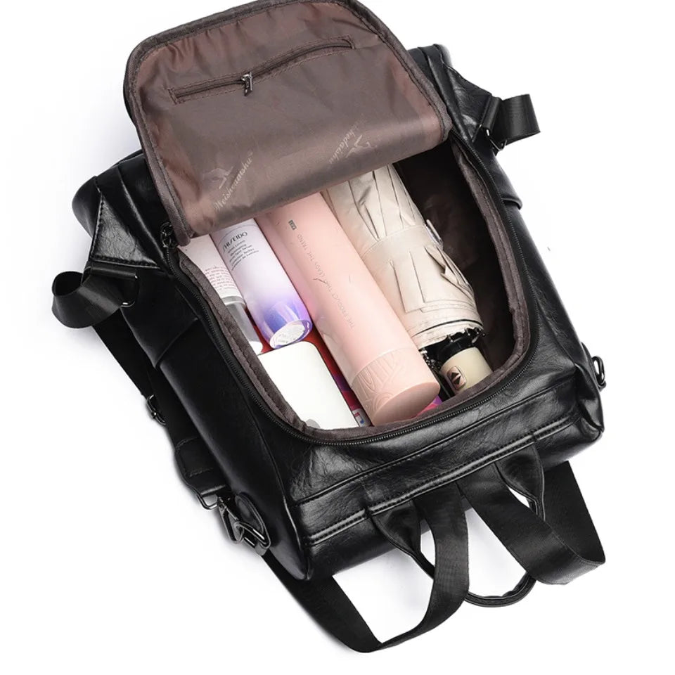 Anti-Theft Backpack with Deer & Elephant Print – 3-in-1 Waxed Leather Shoulder Bag