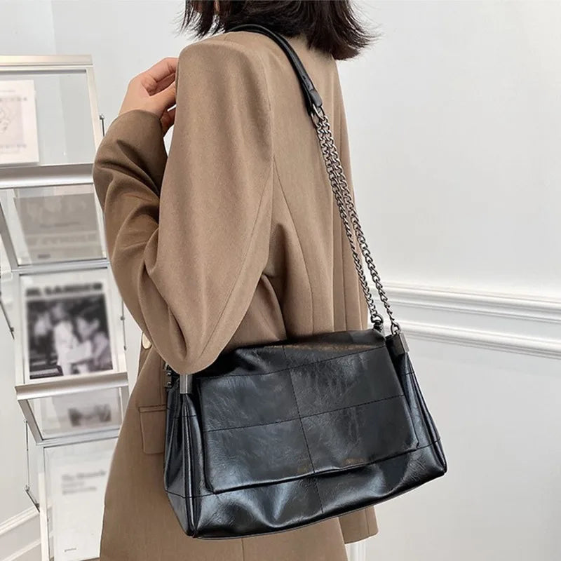 Classic Black Leather Chain Shoulder Bag Soft Flap Handbag Crossbody Bags Large Capacity Casual