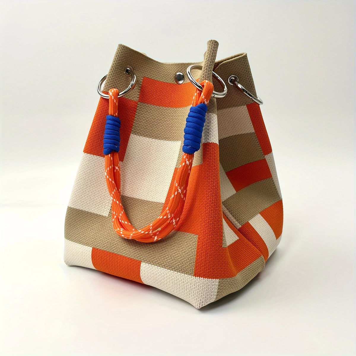 Women's Multicolor Bucket Bag – Striped Tote with Rope Handle