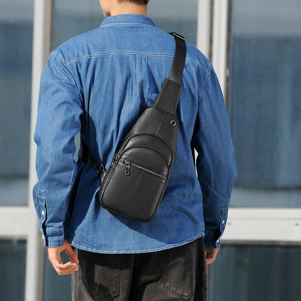 Men S Chest Bag Cowhine Simple Casual One Shoulder Sling Man Portable Diagonal Cross Backpack
