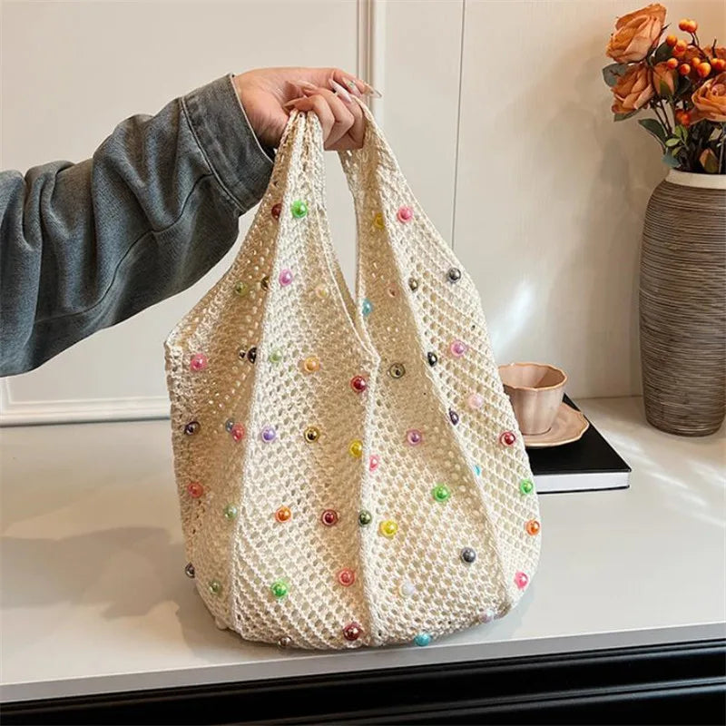 Summer Commuting Woven Bag Women Single Armpit Large Capacity Tote Bag Beach Pearl Hollow Handbag