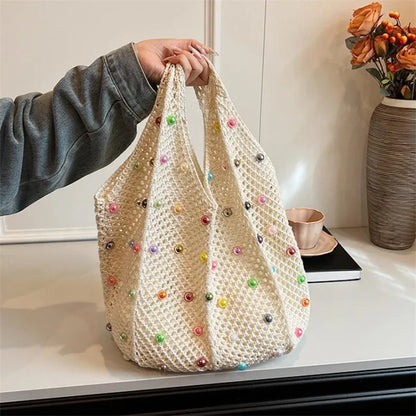 Summer Commuting Woven Bag Women Single Armpit Large Capacity Tote Bag Beach Pearl Hollow Handbag