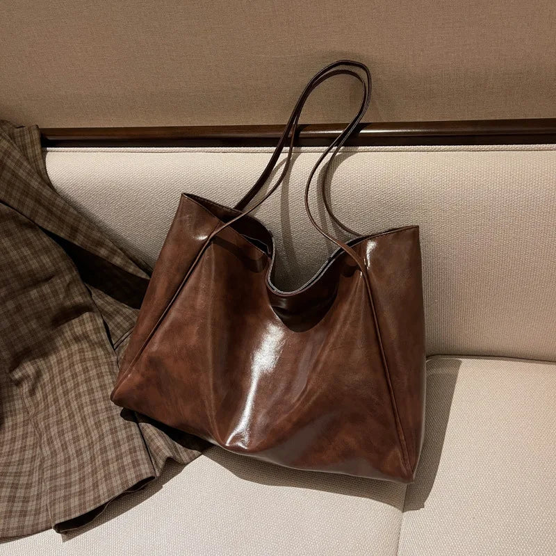 Large Capacity Retro PU Leather Tote Bag – Women's Shoulder Handbag