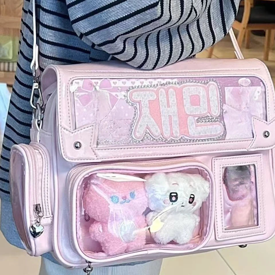 Y2k Cute Ita Bag Harajuku Large Capacity Japanese Solid Color Backpack Women Square Leather Anime