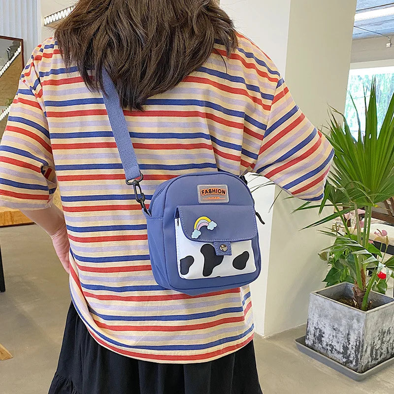 Stylish Cow Print Minimalist Crossbody Bag Lightweight Casual Shoulder Purse Rainbow Pin Students