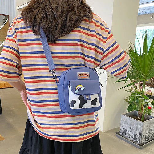 Stylish Cow Print Minimalist Crossbody Bag Lightweight Casual Shoulder Purse Rainbow Pin Students