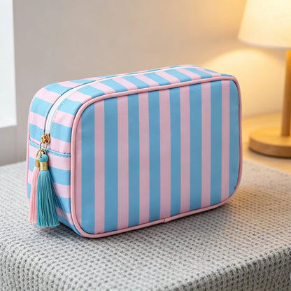 Large Striped Portable Cosmetic Bag Women Tassel Zipper Makeup Capacity Pouch Bags Casual Tote