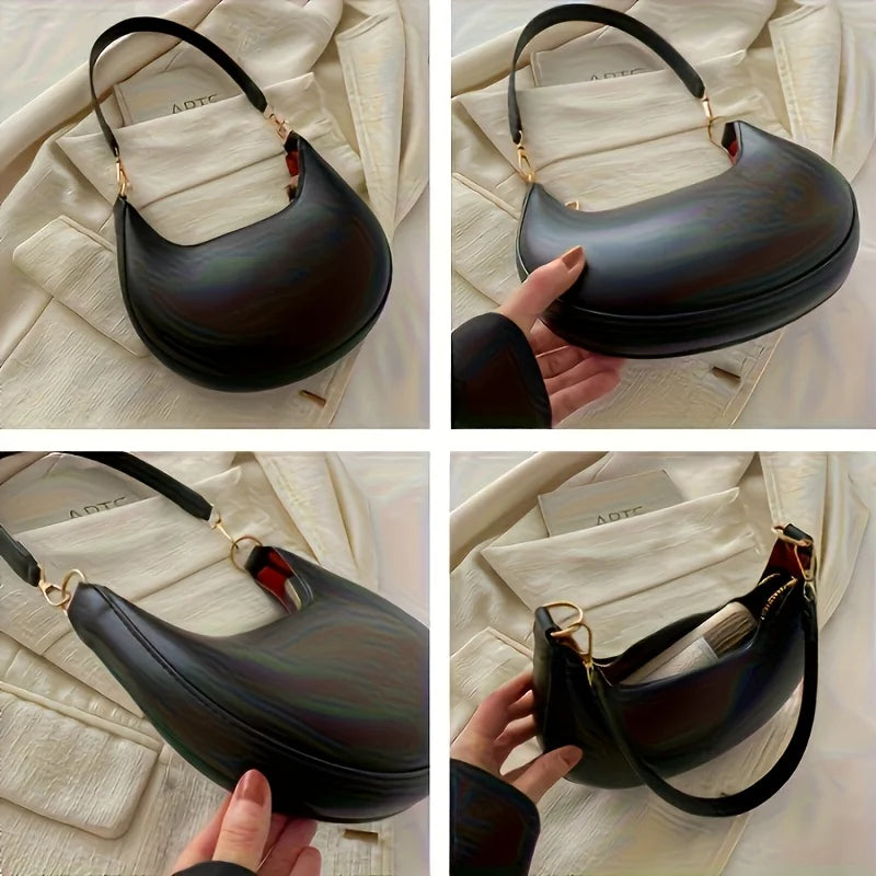 Vintage Tote Bag – Retro Half Moon PU Leather Shoulder Handbag with Detachable Strap