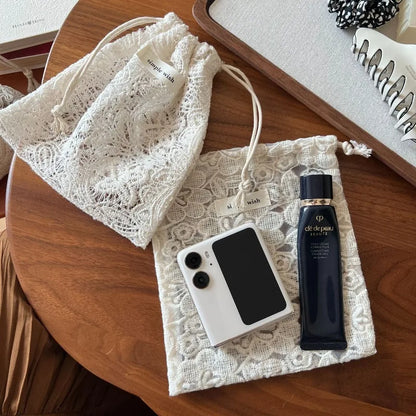 Lace Drawstring Makeup Pouch – Vintage Floral Hollow Design