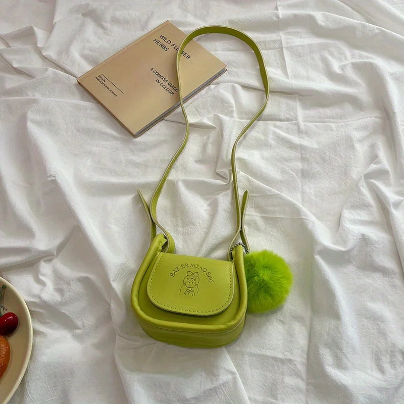 Mini PU Leather Shoulder Bag with Pompom Charm & Adjustable Strap