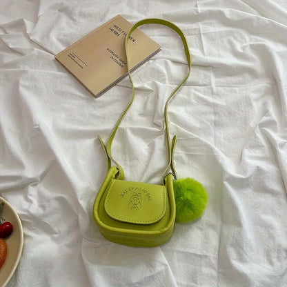Mini PU Leather Shoulder Bag with Pompom Charm & Adjustable Strap