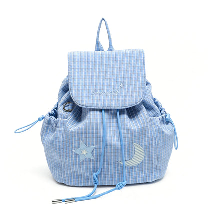 Plaid Polyester Double-Shoulder Bag Plaid Lightweight Drawstring Small Backpack