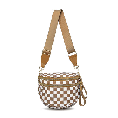 Checkered Saddle Crossbody Bag – Dual Zipper Shoulder & Waist Pack for Women
