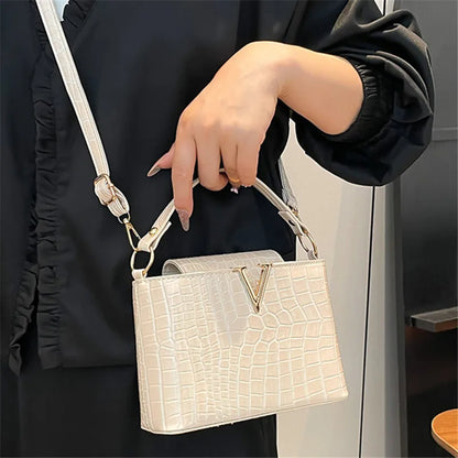 Mini Croc-Embossed PU Leather Handbag with V-Lock