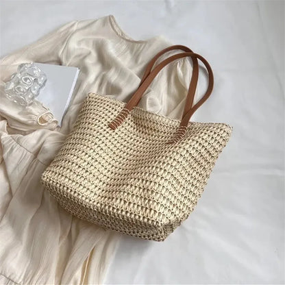 Straw Tote Bag with Leather Handles – Women's Beach Bag