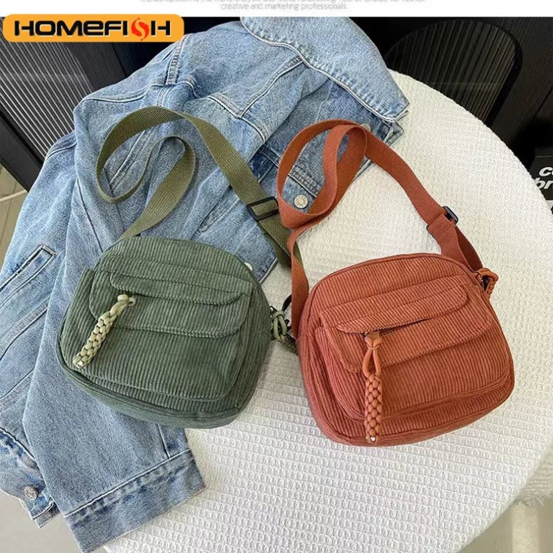 Homefish Corduroy Crossbody Bag Women Casual Style Zipper Closure Adjustable Strap Multi Pockets