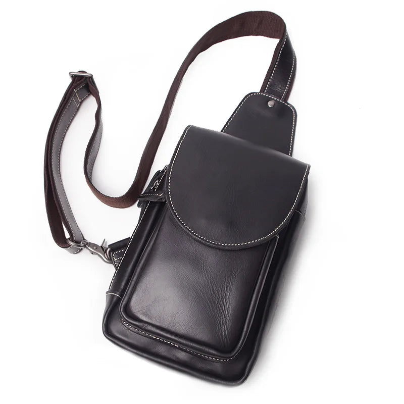 Men S Casual Genuine Leather Chest Bag Crazy Horse Leather Crossbody Large-Capacity Single-Shoulder