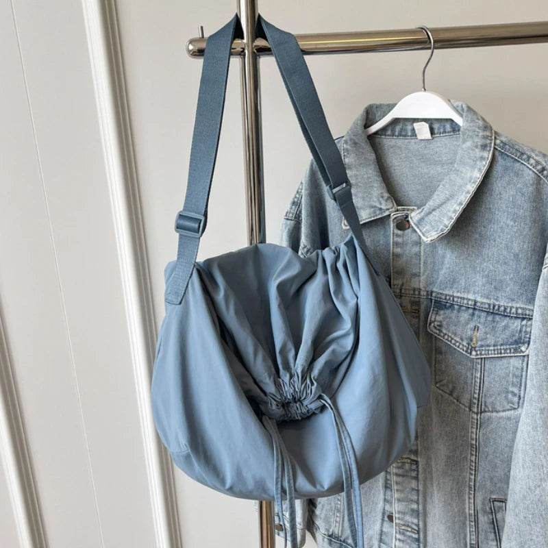 Women Drawstring Shoulder Bag Solid Color Sling Adjustable Strap Lightweight Shopping Girls Outdoor