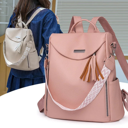 Anti-Theft PU Leather Backpack – Women's Travel Bag with Tassel