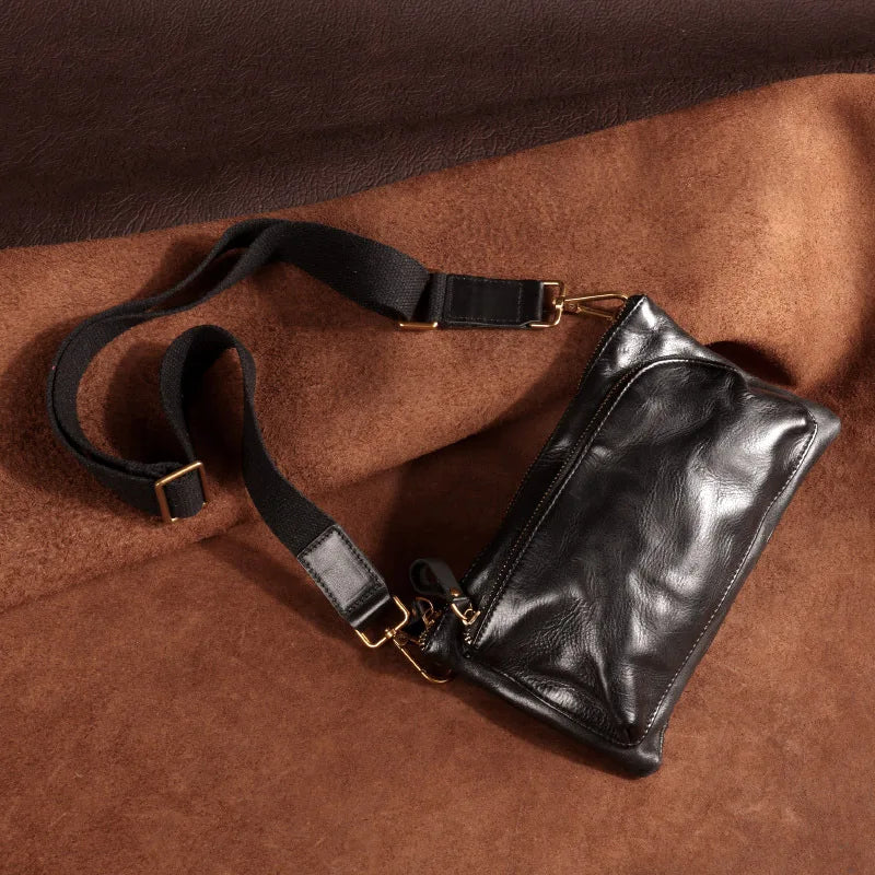 Plant Tanned Pleated Mobile Phone Containing Leather Cowhide Breast Bag Man Retro Motorcycle Sling