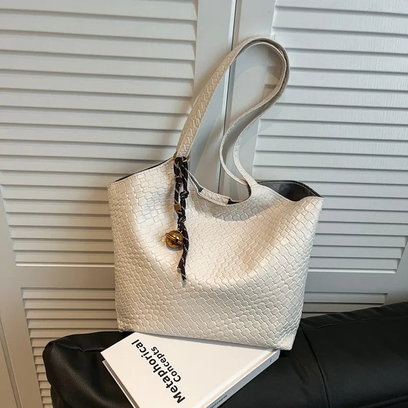 Woven Leather Tote Bag for Women – Soft Shoulder Handbag with Braided Pendant