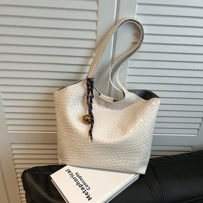 Woven Leather Tote Bag for Women – Soft Shoulder Handbag with Braided Pendant