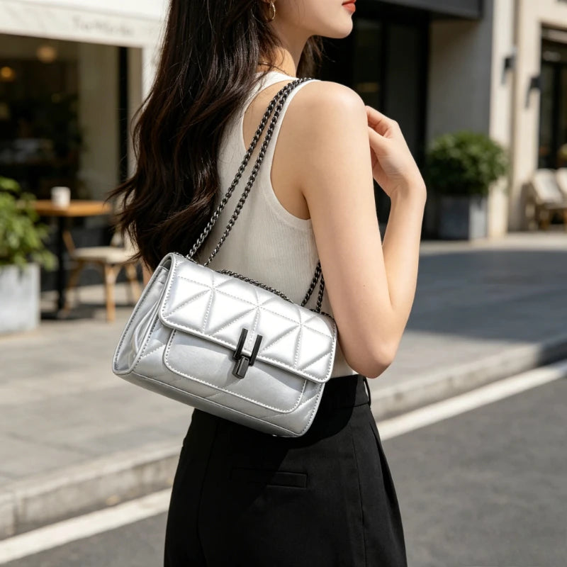 Quilted Crossbody Bag with Turn Lock & Chain Strap