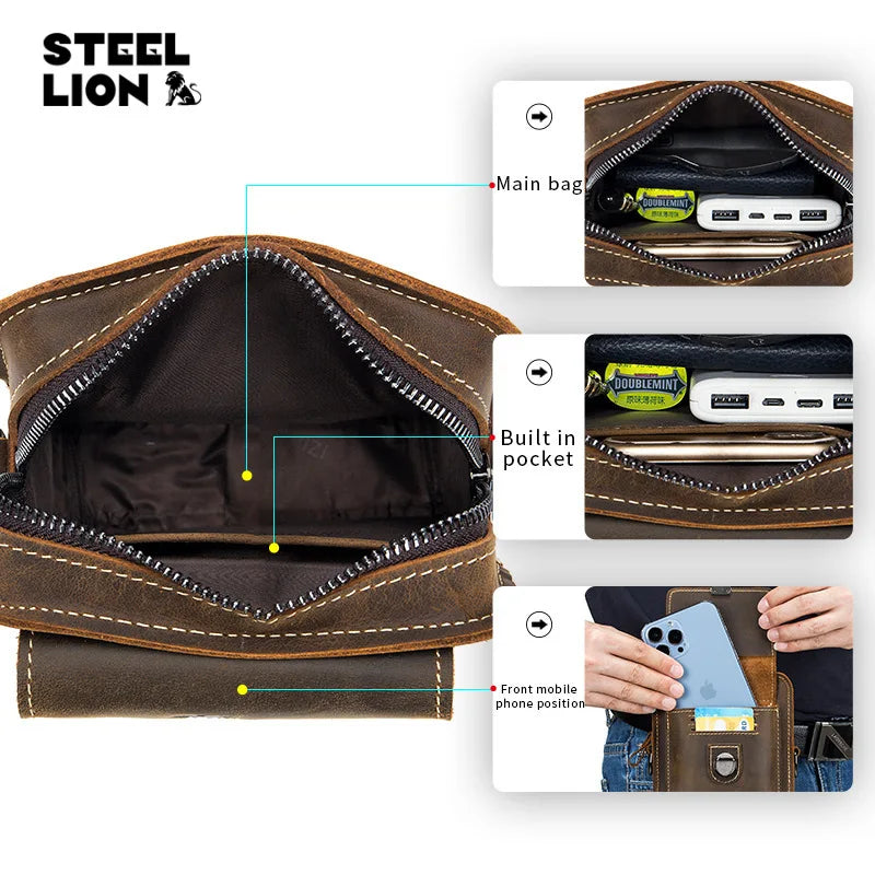 Crazy Horse Leather Men Casual Wear Belt Mobile Phone Pocket Head Layer Cowhide Multi-Function