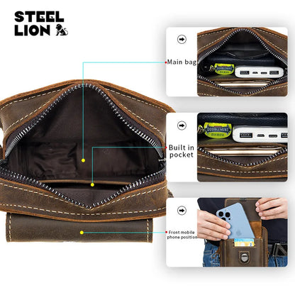 Crazy Horse Leather Men Casual Wear Belt Mobile Phone Pocket Head Layer Cowhide Multi-Function