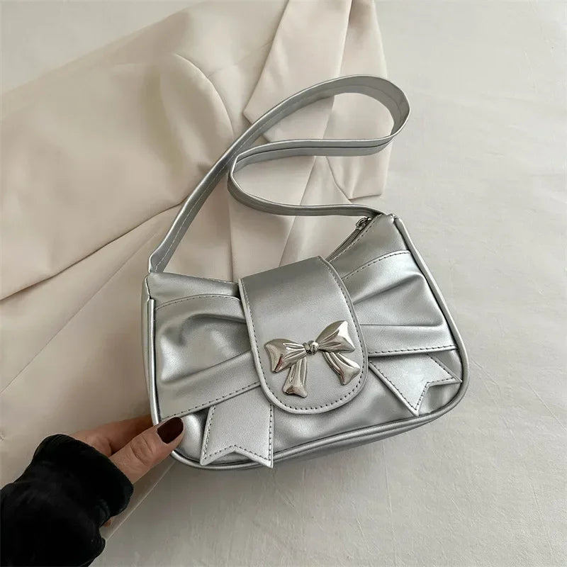 Pu Leather Trendy Bow Shoulder Bag Handbag Casual Underarm Daily Commuting Bags Lady Banquet