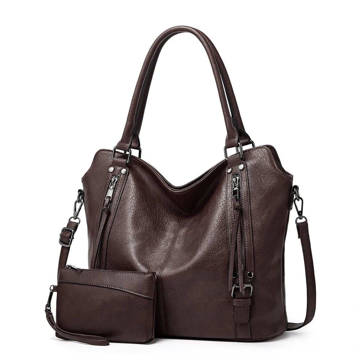 2-Piece Vintage PU Leather Handbag & Wristlet Purse Set