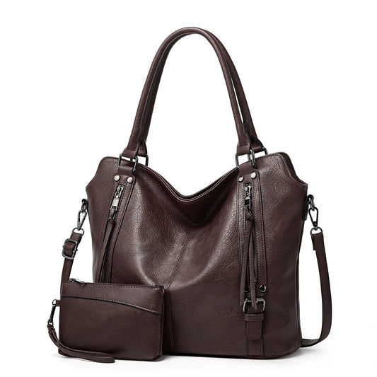 2-Piece Vintage PU Leather Handbag & Wristlet Purse Set